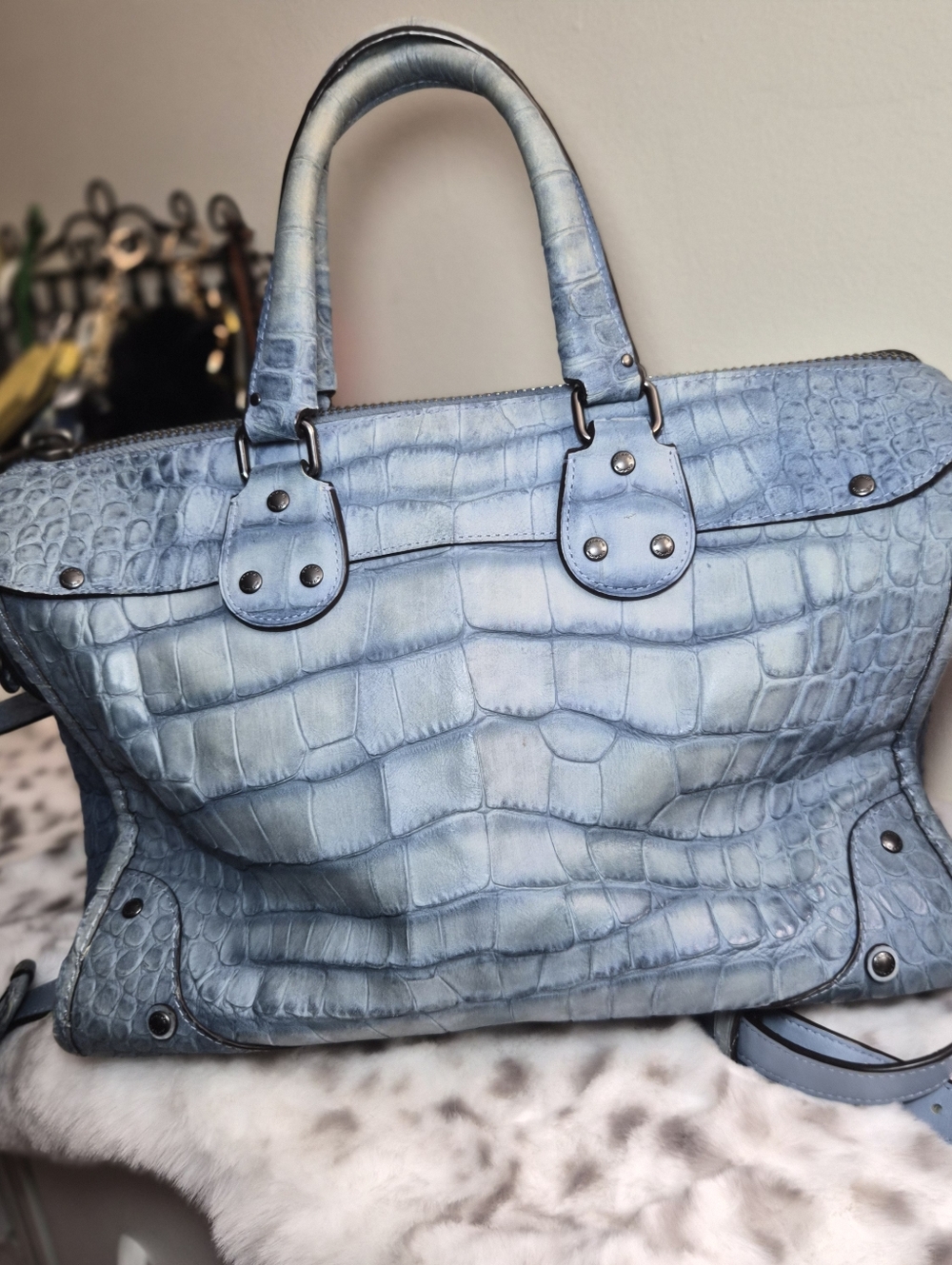 Coach Rhyder Satchel / Crossbody Bag – Embossed Croc Leather – Light Blue – Rare - Picture 4 of 17